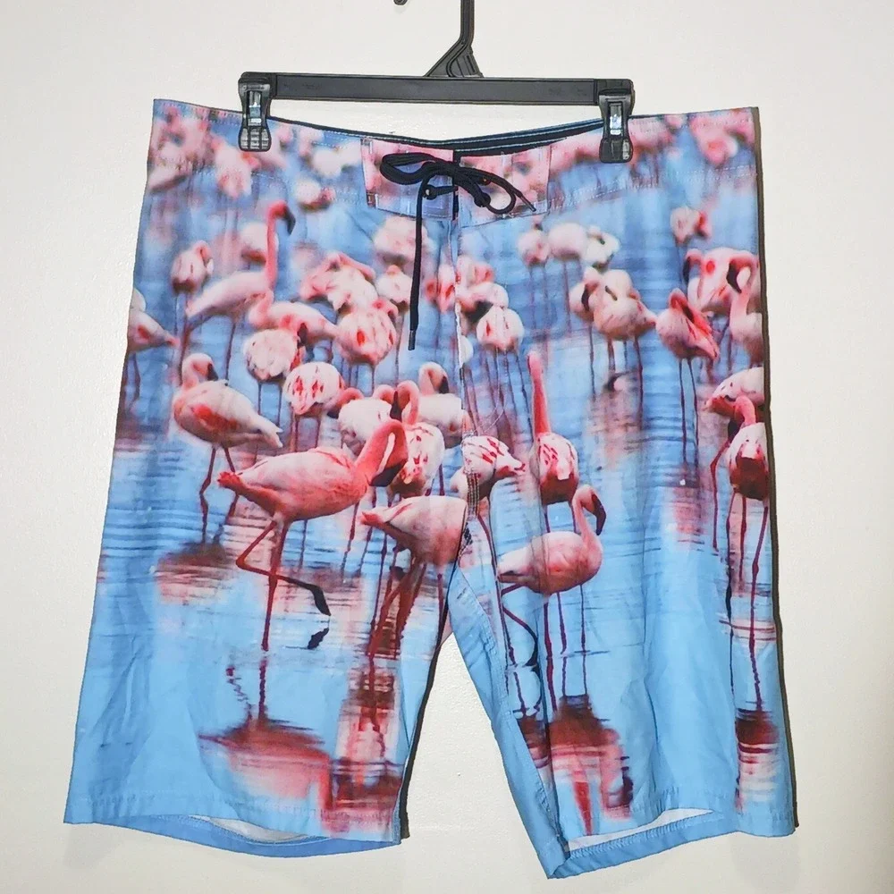 Old Navy California Mens Flamingo Print Board Shorts Blue Pink 36 Swim Trunks